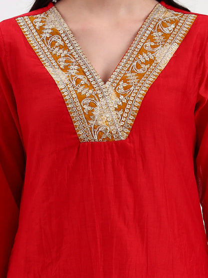 Red Chanderi A Line Dori Embroidery Kurta Set With Pant And Dupatta