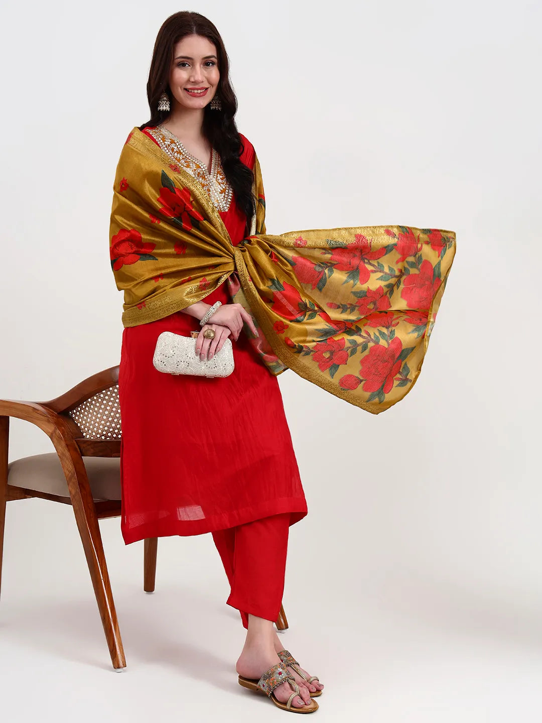 Women's Red Cotton Red Chanderi A Line Dori Embroidery Kurta Set With Pant And Dupatta by Yufta, suitable for wholesale buyers, boutiques, retailers, resellers and bulk fashion orders from Trendphoria