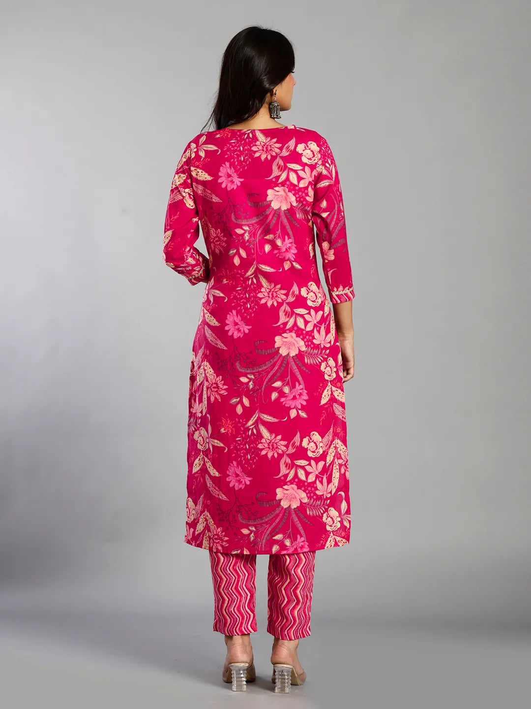 Pink Floral Cotton Straight Kantha Work Kurta Trouser Dupatta Set