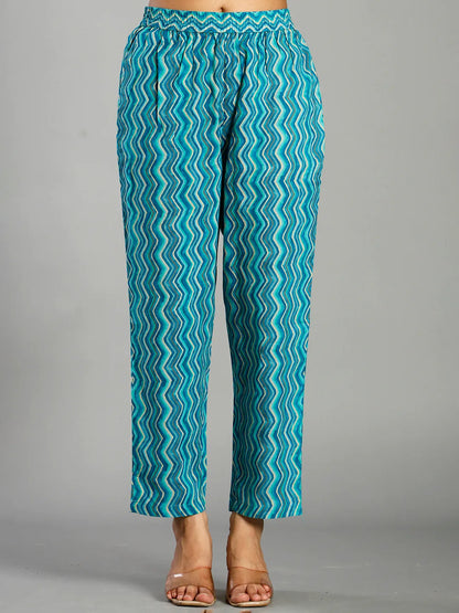 Turquoise Blue Floral Cotton Straight Kantha Work Kurta Trouser Dupatta Set