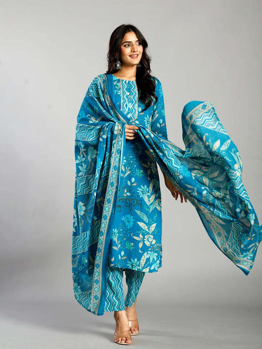 Turquoise Blue Floral Cotton Straight Kantha Work Kurta Trouser Dupatta Set