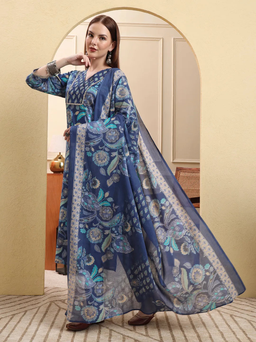 Blue Beads And Stones Straight Kurta Trouser Dupatta Set