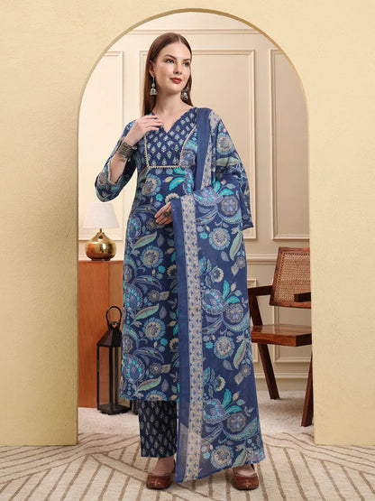 Blue Beads And Stones Straight Kurta Trouser Dupatta Set
