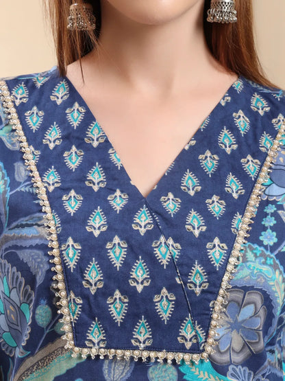 Blue Beads And Stones Straight Kurta Trouser Dupatta Set