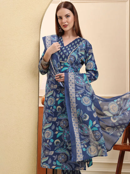Blue Beads And Stones Straight Kurta Trouser Dupatta Set