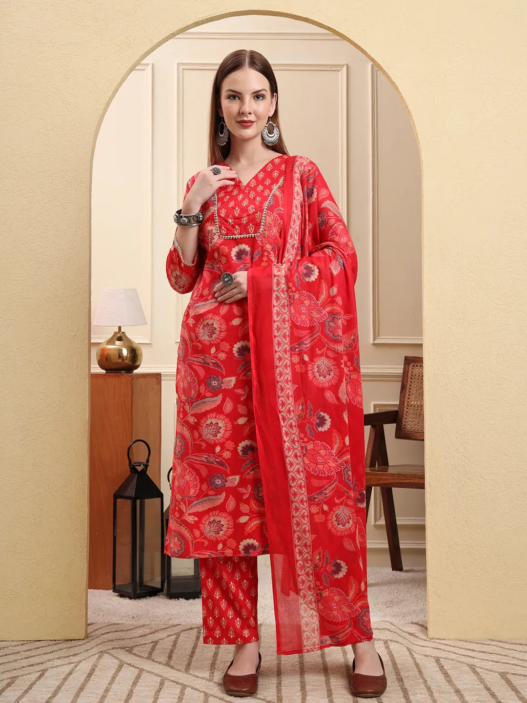 Red Beads And Stones Straight Kurta Trouser Dupatta Set
