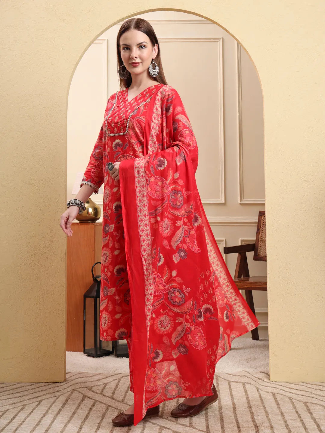 Red Beads And Stones Straight Kurta Trouser Dupatta Set