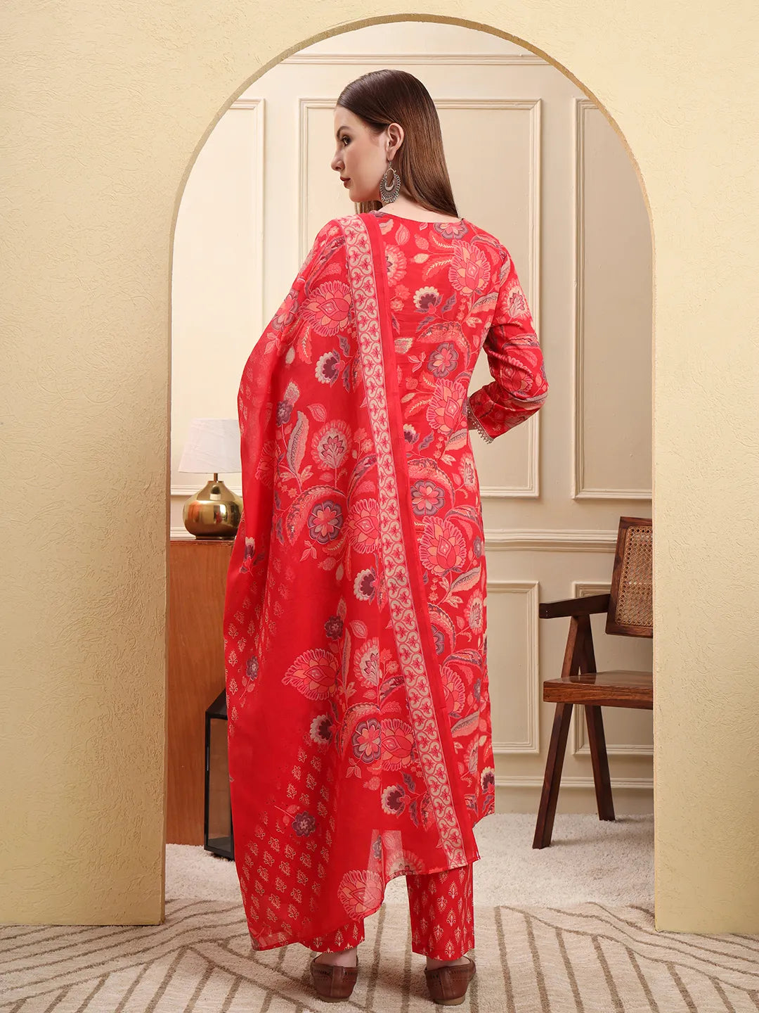 Red Beads And Stones Straight Kurta Trouser Dupatta Set