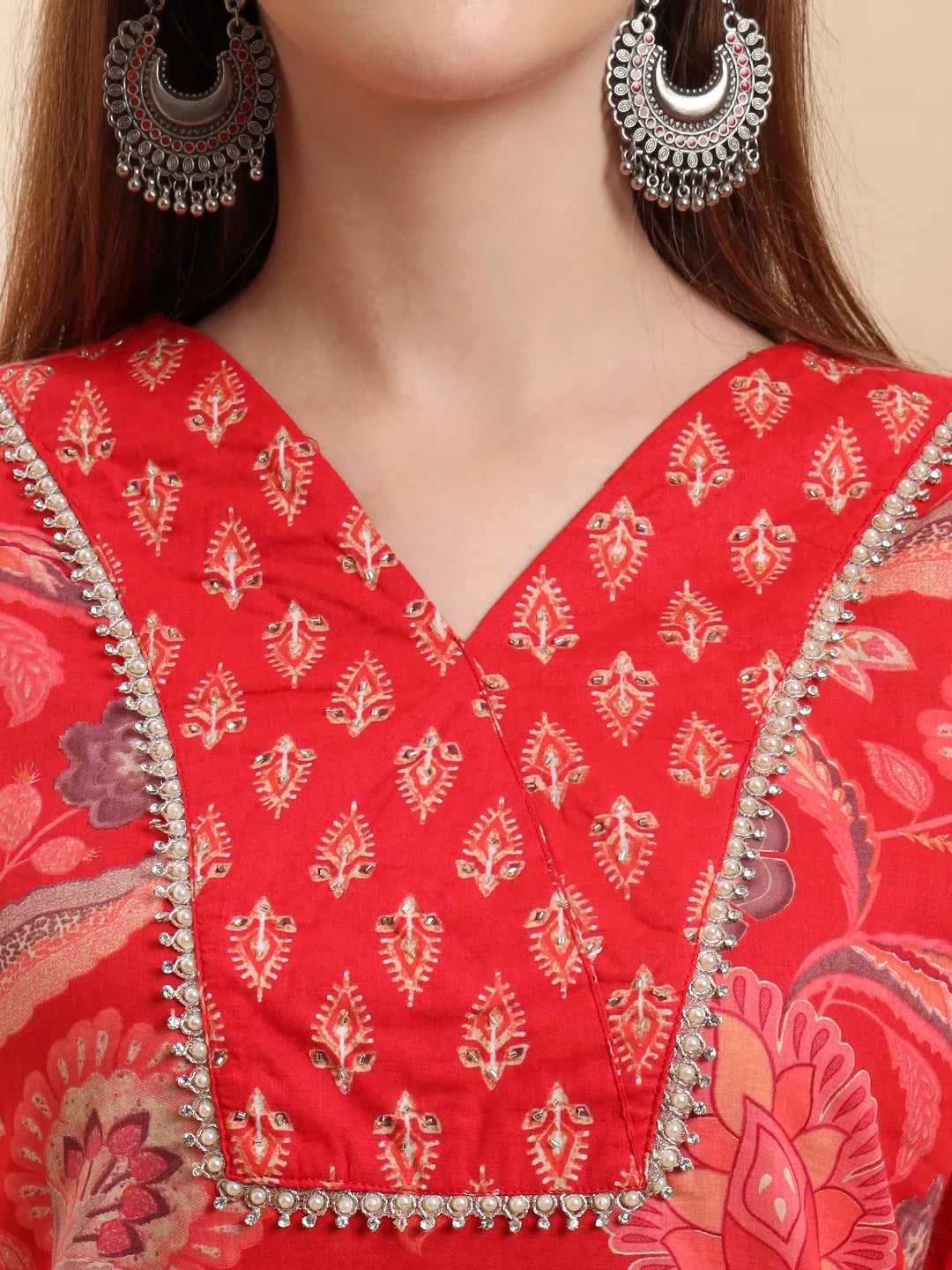 Red Beads And Stones Straight Kurta Trouser Dupatta Set