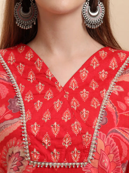 Red Beads And Stones Straight Kurta Trouser Dupatta Set