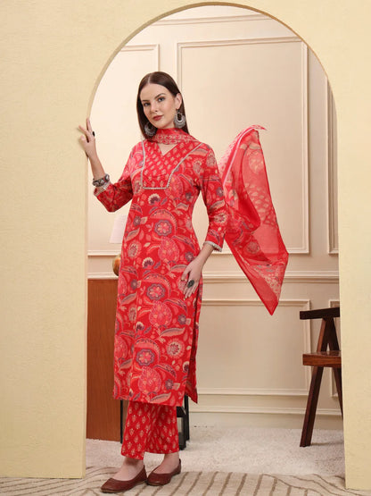 Red Beads And Stones Straight Kurta Trouser Dupatta Set