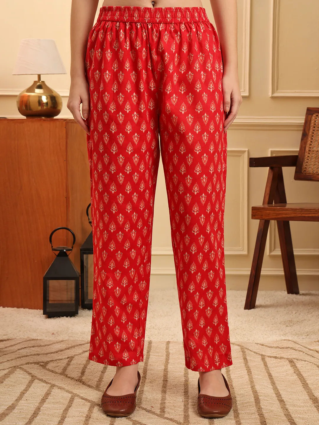 Red Beads And Stones Straight Kurta Trouser Dupatta Set