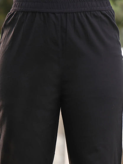 Black Floral Print linen A-Line Have A Lining Kurta Trouser Dupatta Set