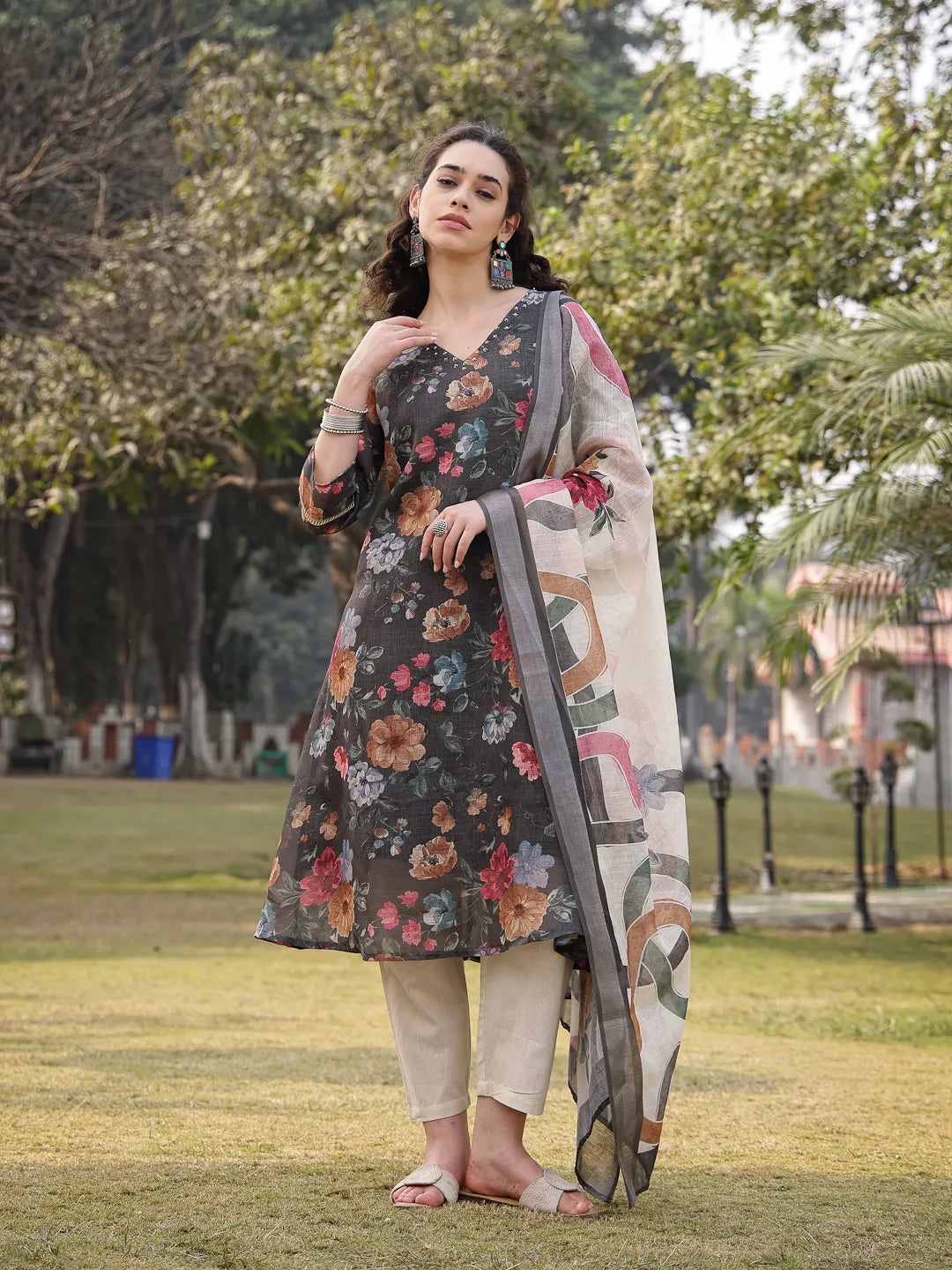 Military Green Floral Print linen A-Line Have A Lining Kurta Trouser Dupatta Set
