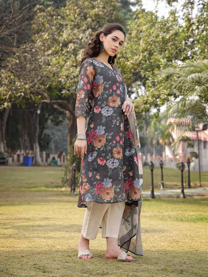 Military Green Floral Print linen A-Line Have A Lining Kurta Trouser Dupatta Set