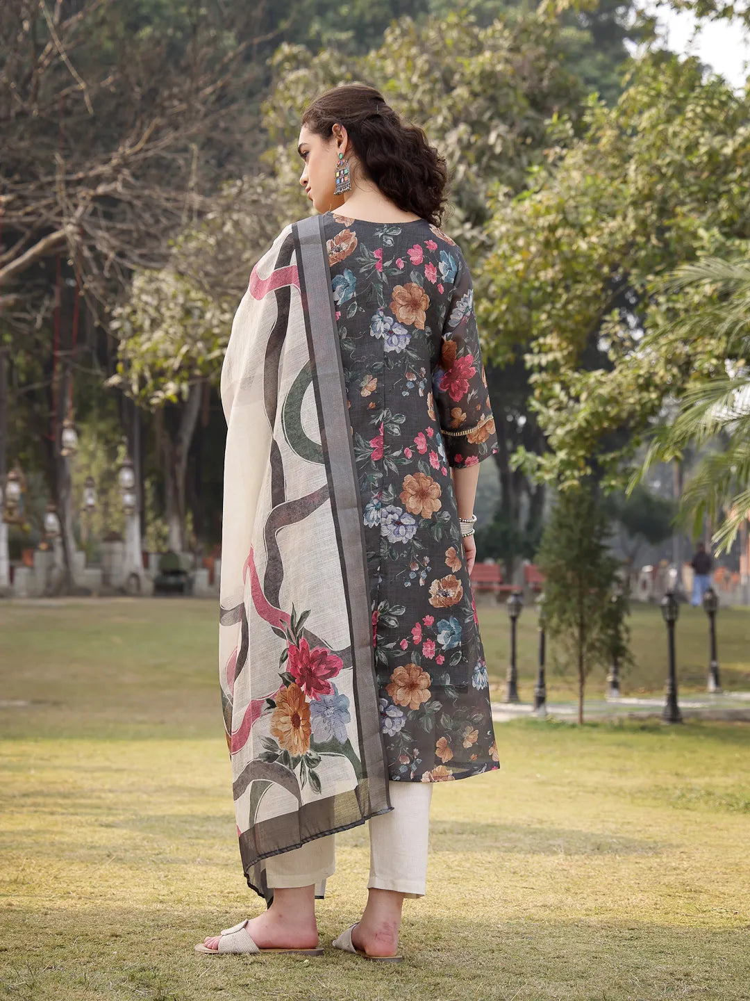 Military Green Floral Print linen A-Line Have A Lining Kurta Trouser Dupatta Set