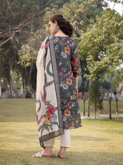 Military Green Floral Print linen A-Line Have A Lining Kurta Trouser Dupatta Set