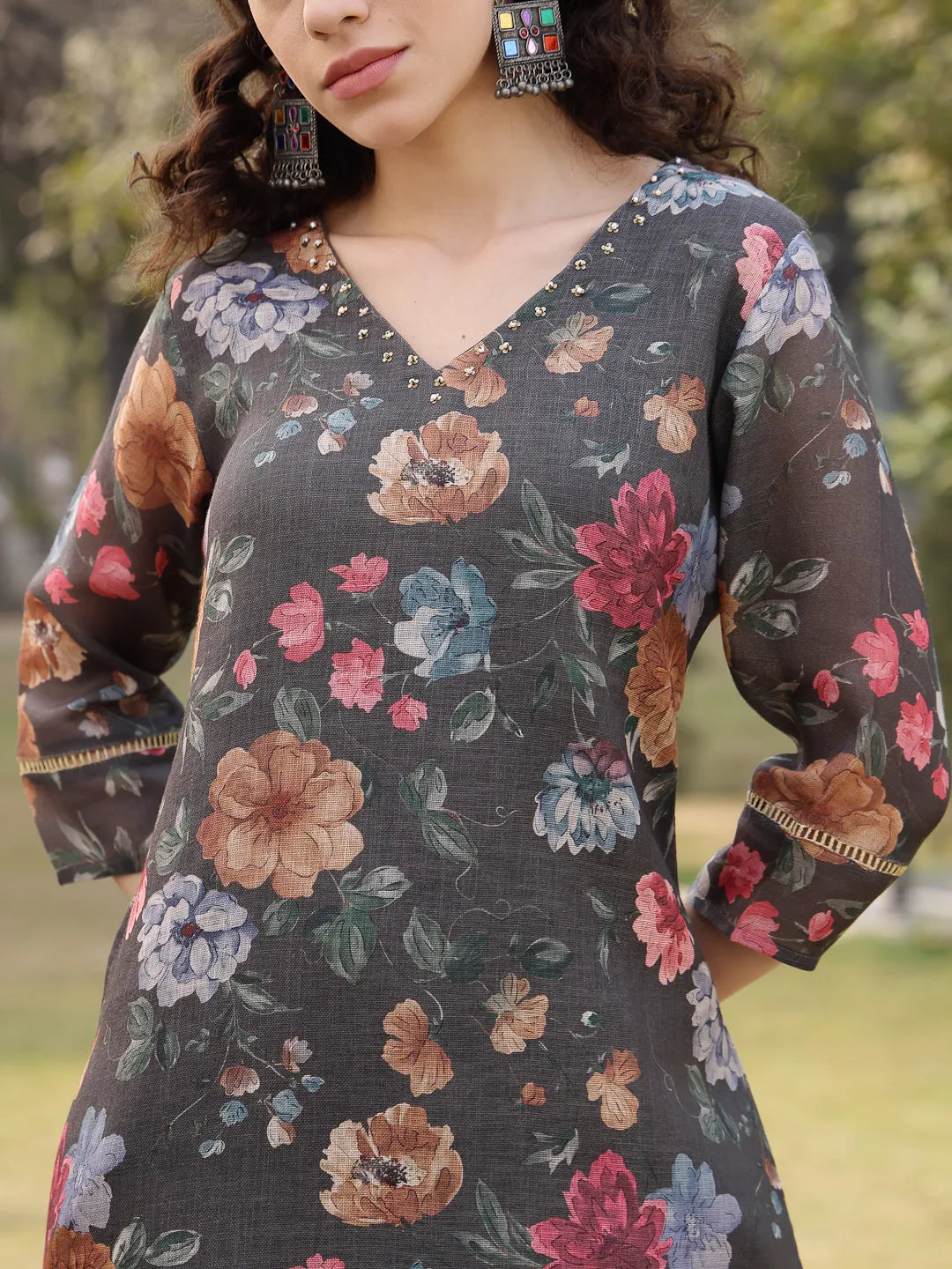 Military Green Floral Print linen A-Line Have A Lining Kurta Trouser Dupatta Set