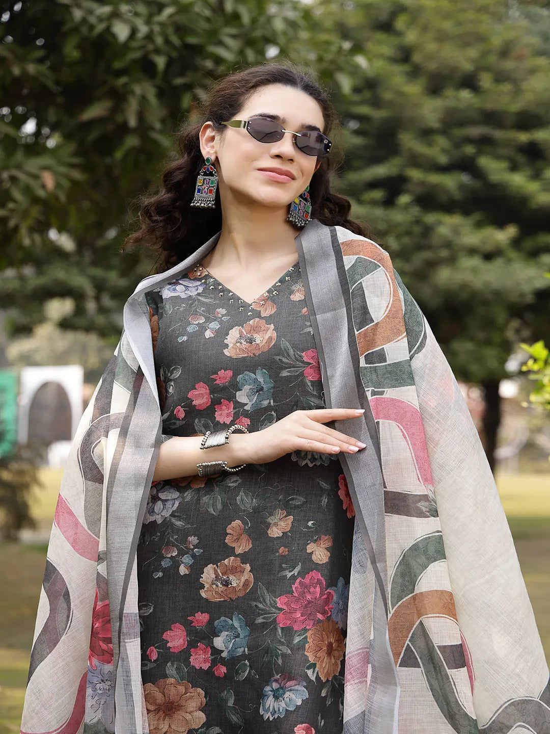 Military Green Floral Print linen A-Line Have A Lining Kurta Trouser Dupatta Set