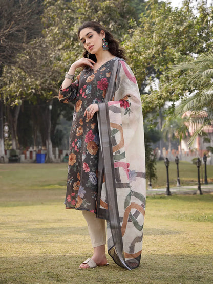 Military Green Floral Print linen A-Line Have A Lining Kurta Trouser Dupatta Set