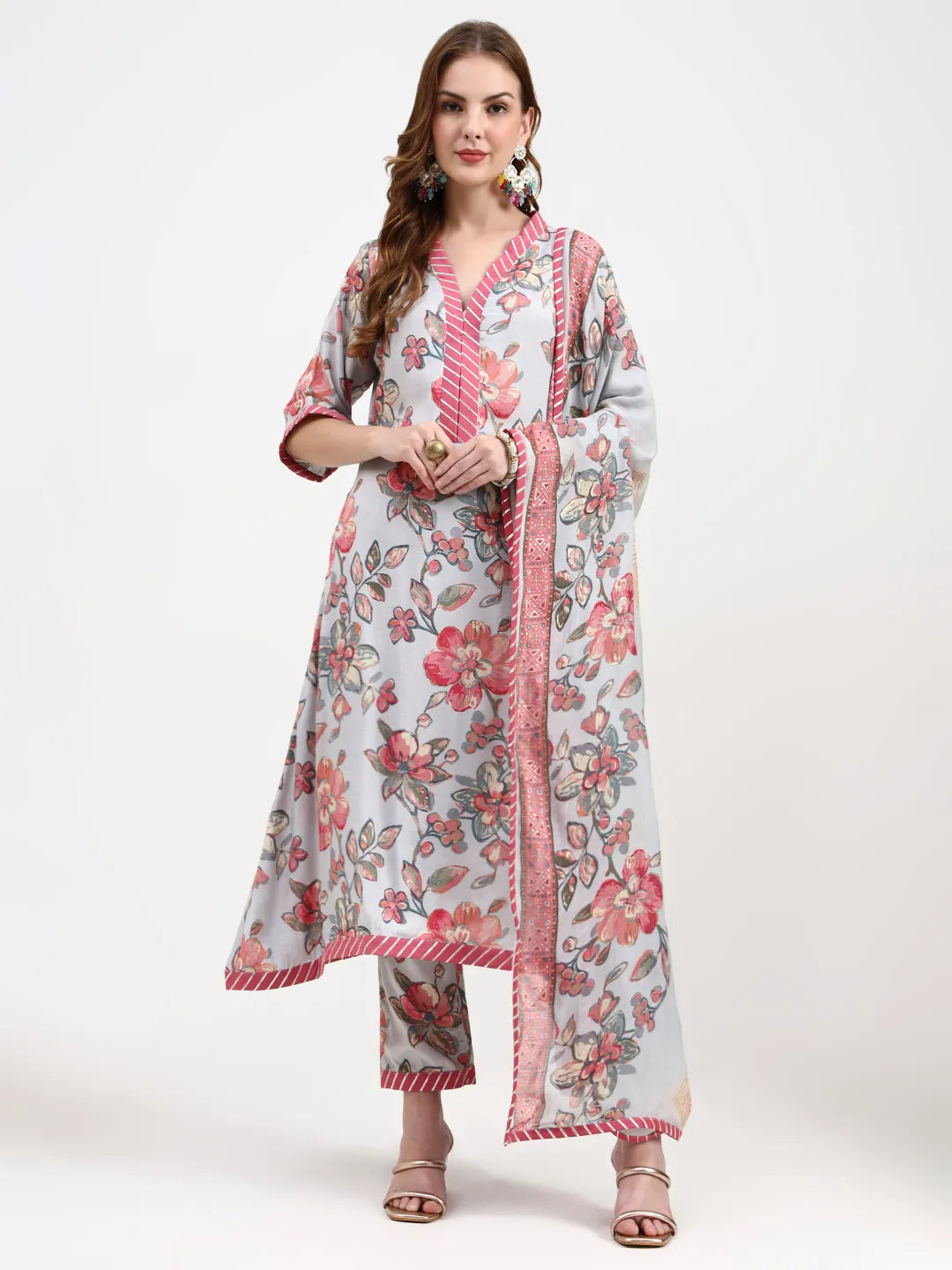 Grey Lensing Flare Kurta Dupatta Set