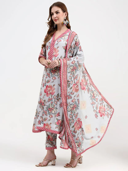 Grey Lensing Flare Kurta Dupatta Set