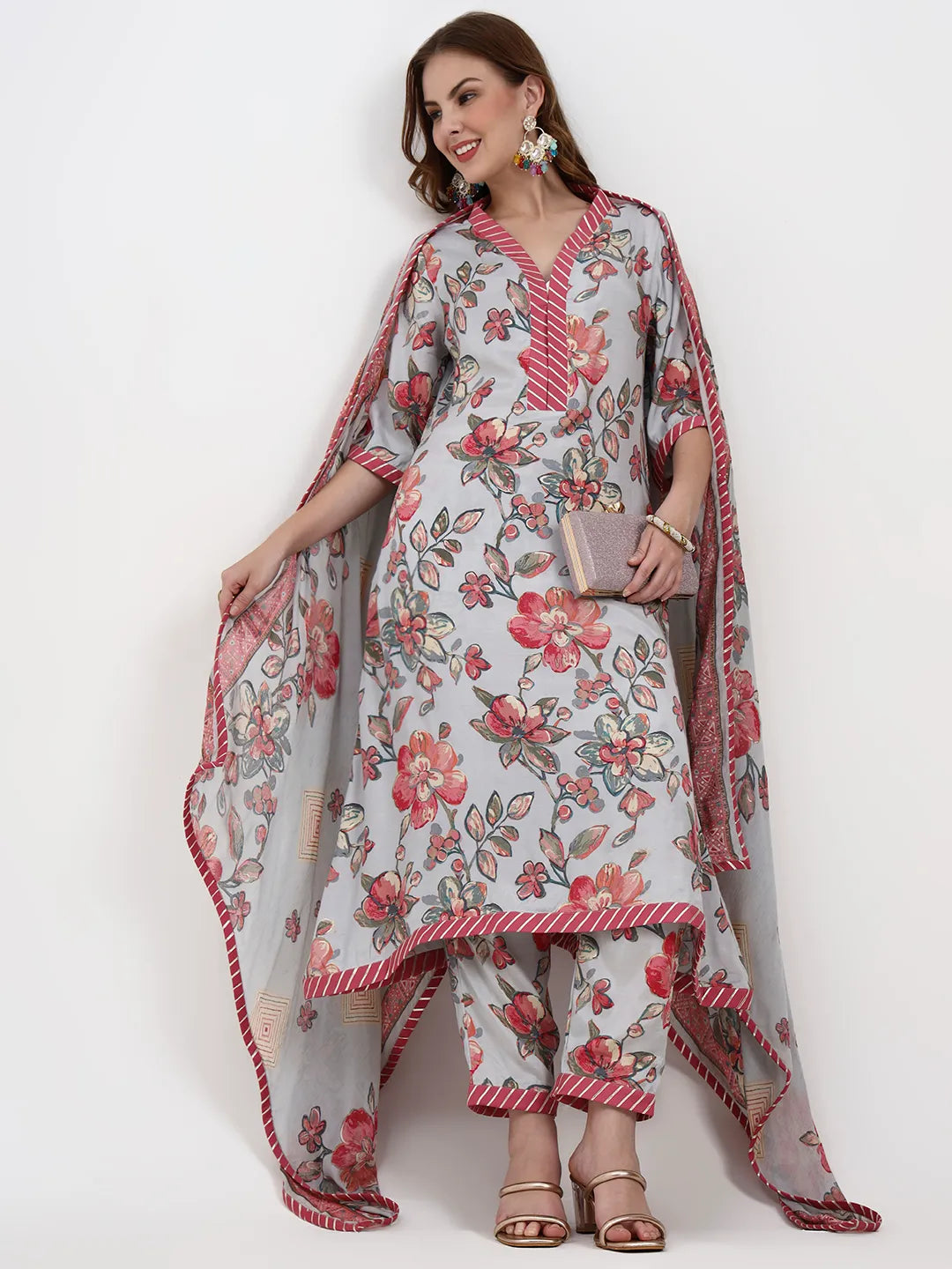 Grey Lensing Flare Kurta Dupatta Set