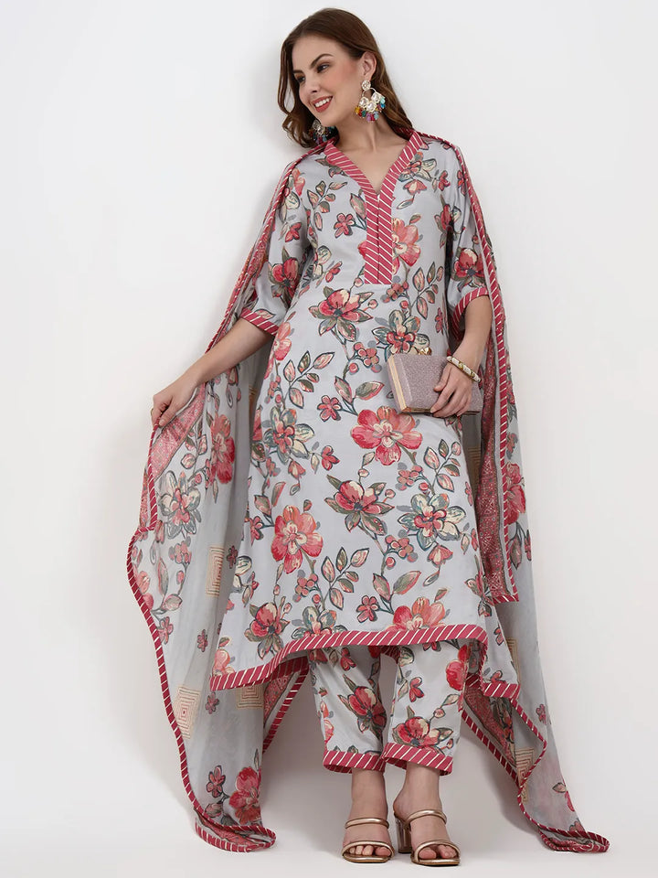 Grey Lensing Flare Kurta Dupatta Set