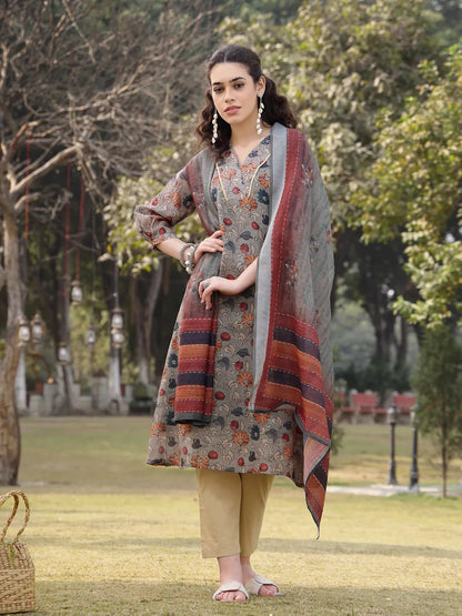 Green Floral Print linen A-Line Have A Lining Kurta Trouser Dupatta Set
