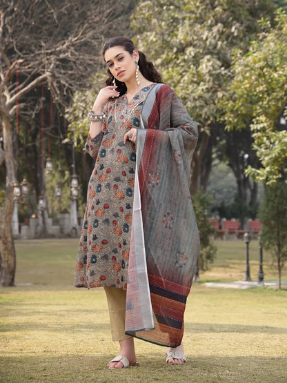 Green Floral Print linen A-Line Have A Lining Kurta Trouser Dupatta Set