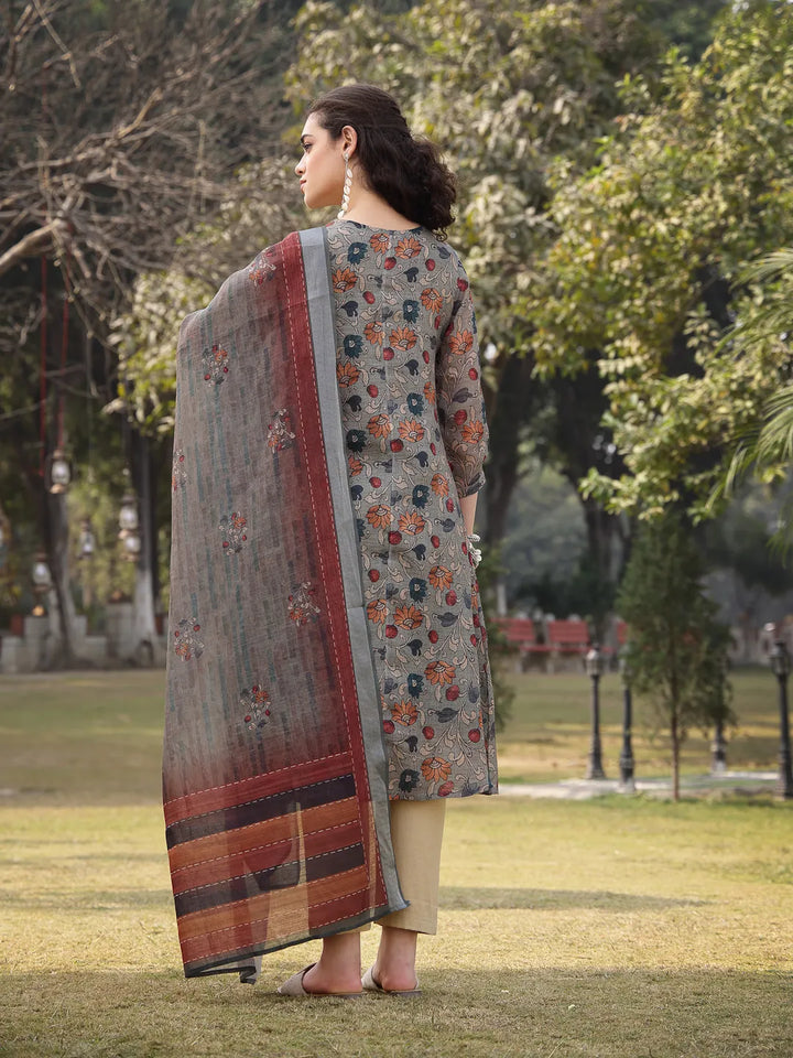 Green Floral Print linen A-Line Have A Lining Kurta Trouser Dupatta Set