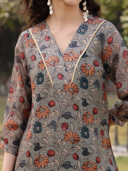 Green Floral Print linen A-Line Have A Lining Kurta Trouser Dupatta Set