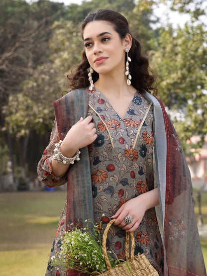 Green Floral Print linen A-Line Have A Lining Kurta Trouser Dupatta Set