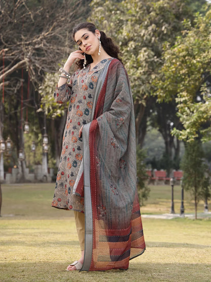 Green Floral Print linen A-Line Have A Lining Kurta Trouser Dupatta Set