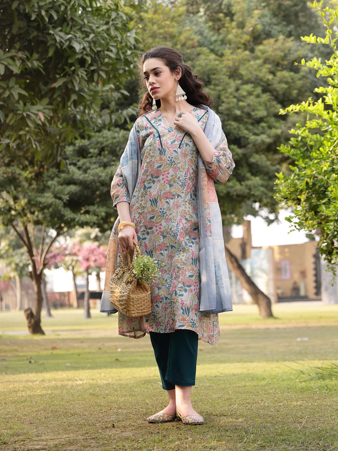 Grey Floral Print linen A Line Have A Lining Kurta Trouser Dupatta Set