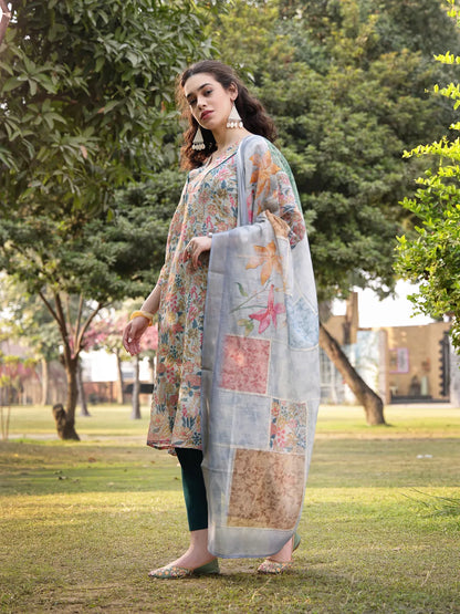 Grey Floral Print linen A Line Have A Lining Kurta Trouser Dupatta Set