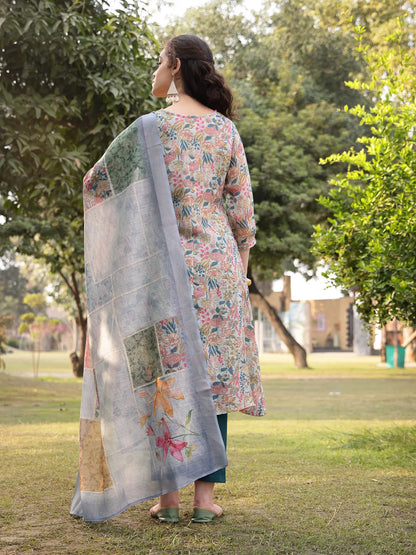 Grey Floral Print linen A Line Have A Lining Kurta Trouser Dupatta Set