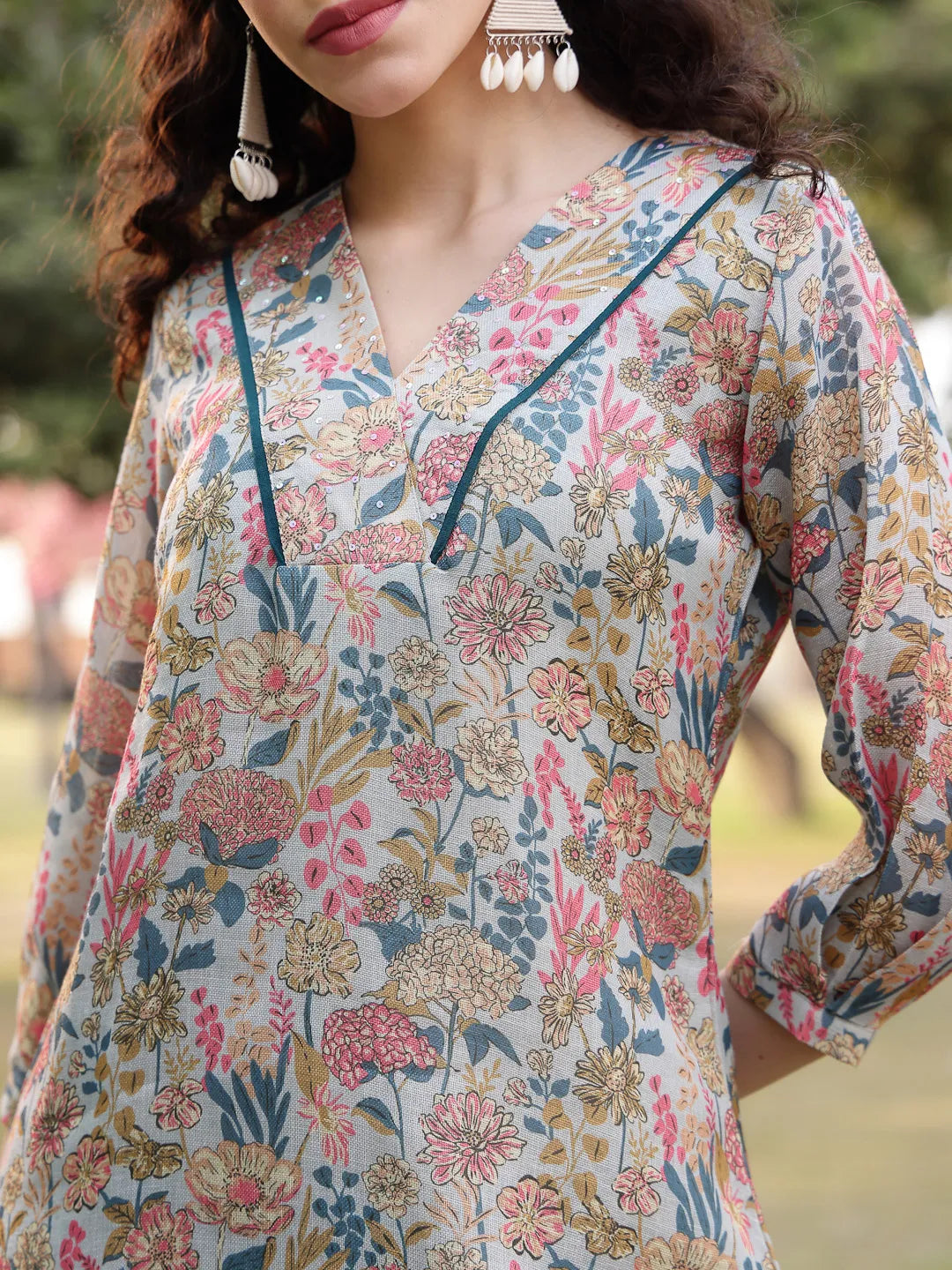 Grey Floral Print linen A Line Have A Lining Kurta Trouser Dupatta Set
