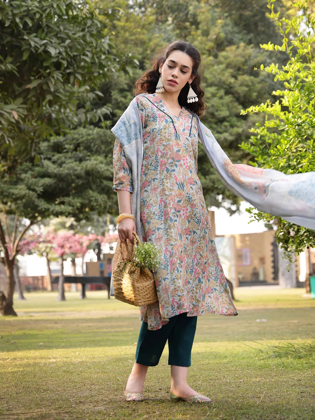 Grey Floral Print linen A Line Have A Lining Kurta Trouser Dupatta Set