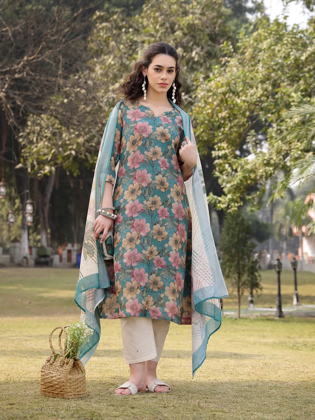 Turquoise Blue Floral Print linen A Line Have A Lining Kurta Trouser Dupatta Set