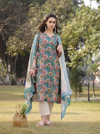Turquoise Blue Floral Print linen A Line Have A Lining Kurta Trouser Dupatta Set