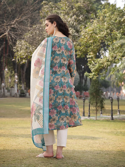 Turquoise Blue Floral Print linen A Line Have A Lining Kurta Trouser Dupatta Set