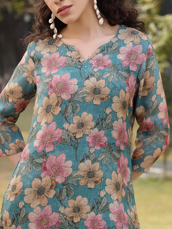 Turquoise Blue Floral Print linen A Line Have A Lining Kurta Trouser Dupatta Set