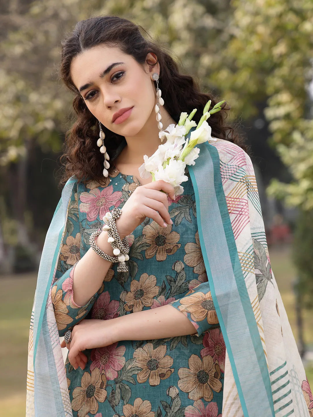 Turquoise Blue Floral Print linen A Line Have A Lining Kurta Trouser Dupatta Set