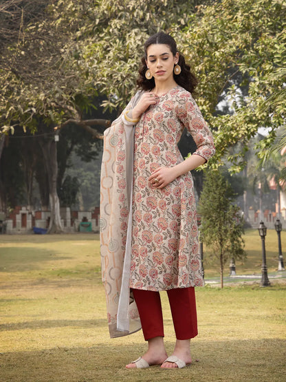 Beige Floral Print linen A Line Have A Lining Kurta Trouser Dupatta Set