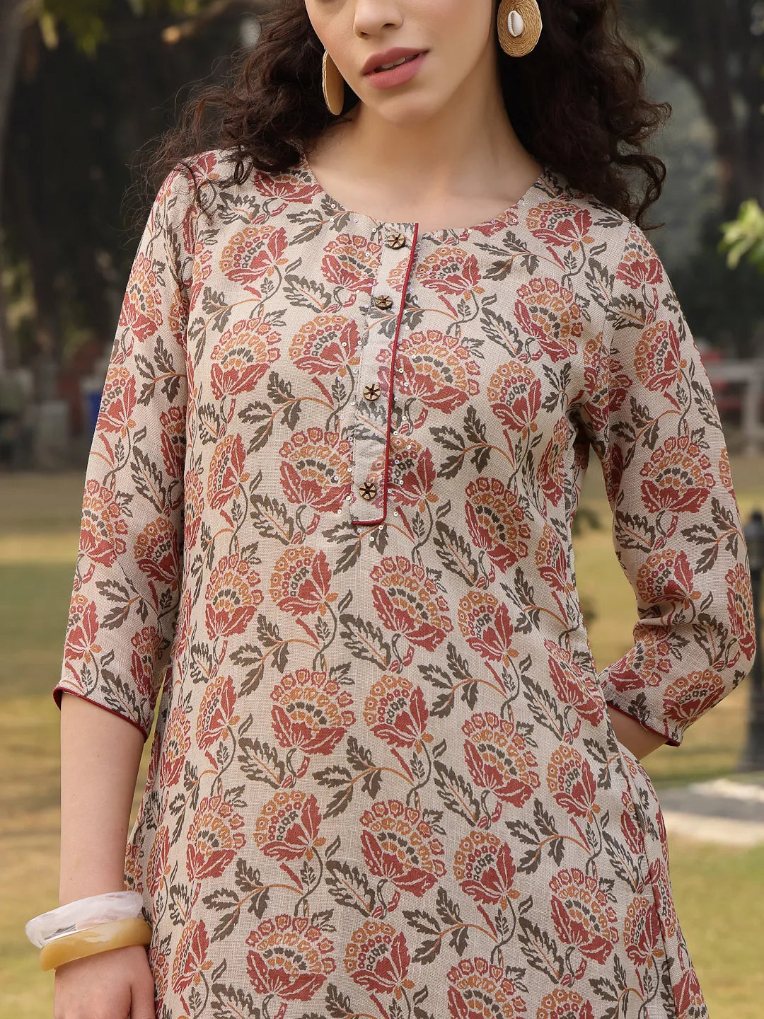 Beige Floral Print linen A Line Have A Lining Kurta Trouser Dupatta Set