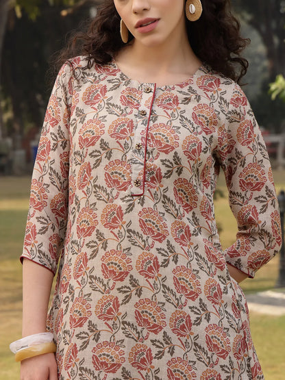Beige Floral Print linen A Line Have A Lining Kurta Trouser Dupatta Set
