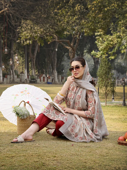 Beige Floral Print linen A Line Have A Lining Kurta Trouser Dupatta Set