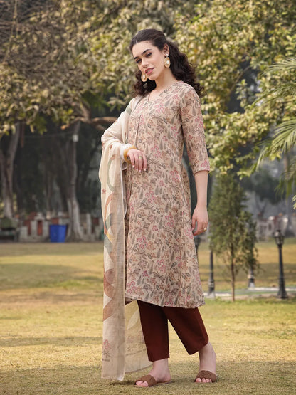 Beige Floral linen A Line Have A Lining Kurta Trouser Dupatta Set