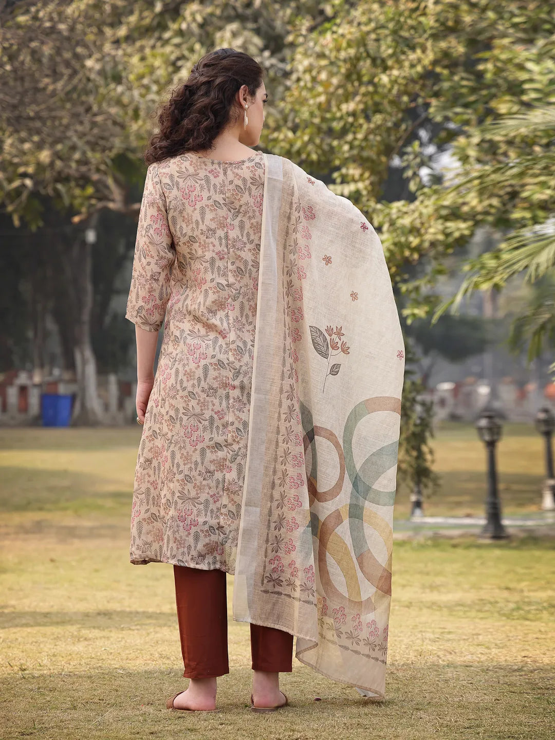 Beige Floral linen A Line Have A Lining Kurta Trouser Dupatta Set